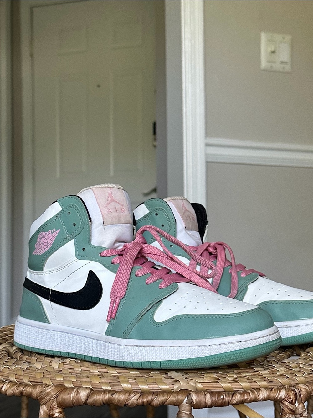 Jordan Women's High-Top Sneakers in Mint Green, Pink & Black US 7.5